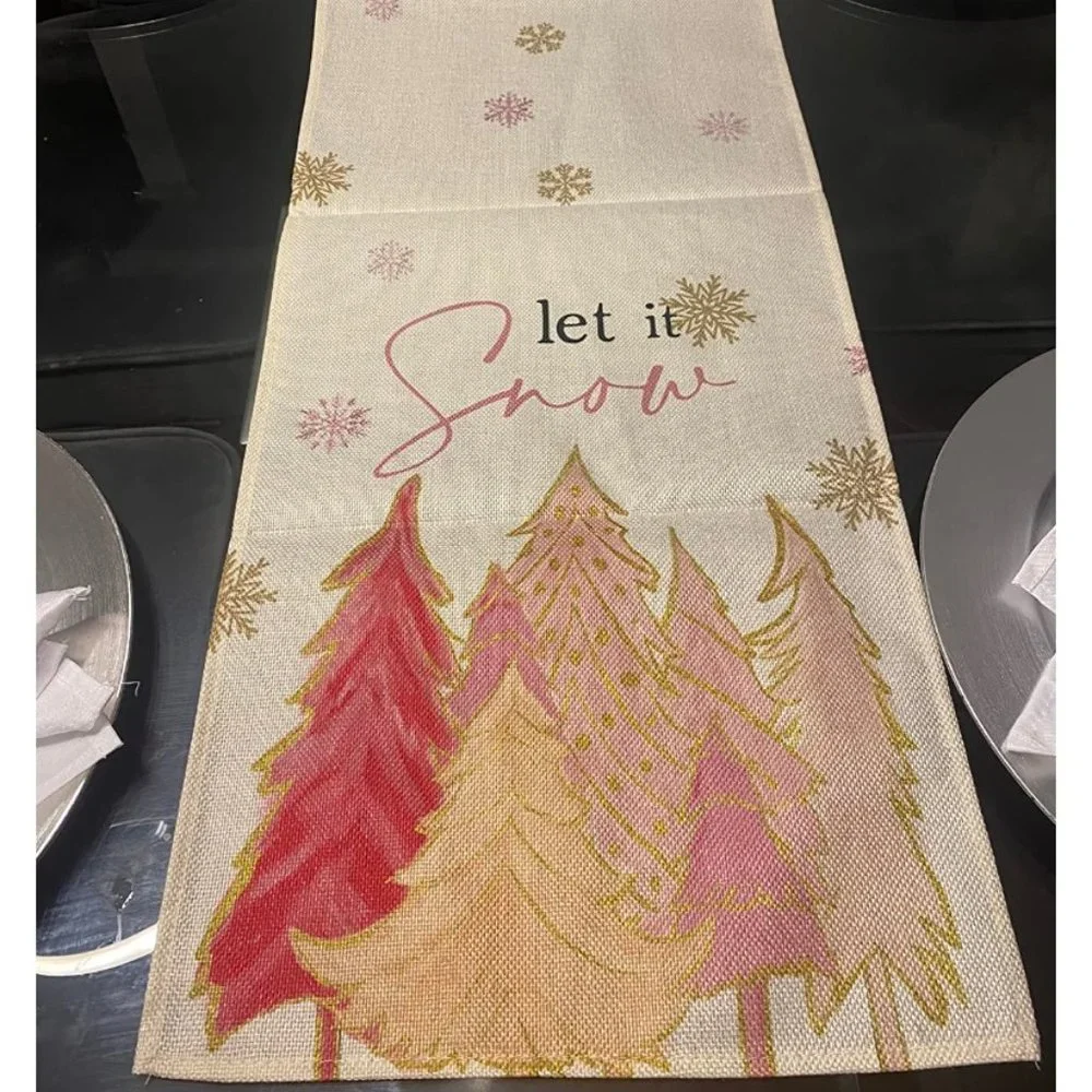 Christmas Table Runner Pink Snowflake Decor Holiday Decoration Decorative Cloth